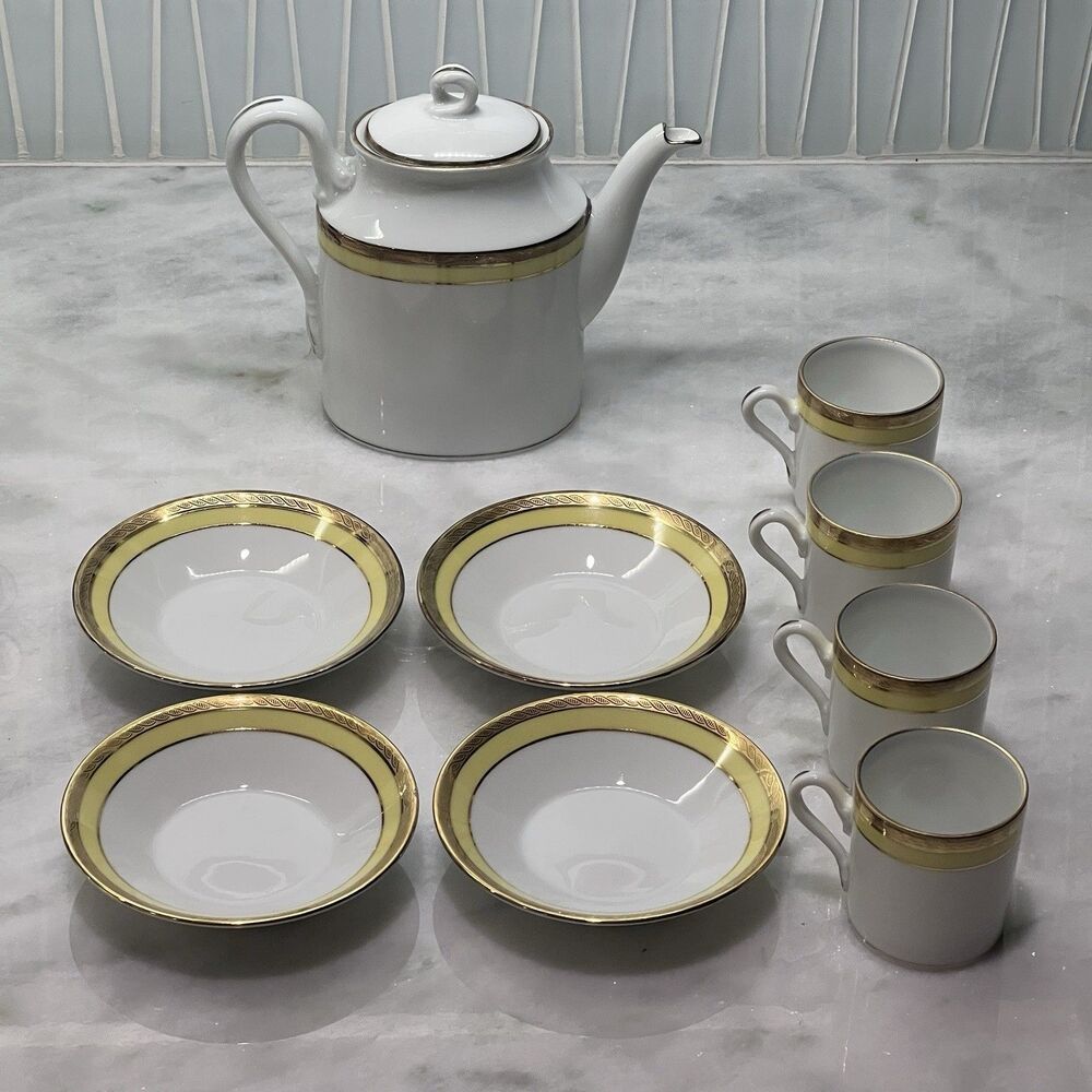 Richard Ginori Palermo Yellow Gold Rim Teapot & 4 Demitasse Cups Saucers Set